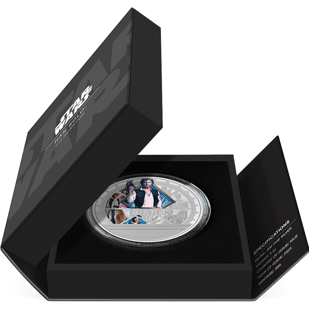 2023 Han Solo™ 3oz Silver Coin Featuring Book-style Packaging with Coin Insert and Certificate of Authenticity Sticker and Coin Specs.