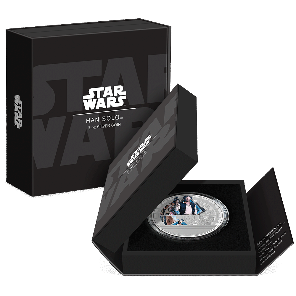 2023 Han Solo™ 3oz Silver Coin Featuring Custom Book-Style Packaging with Printed Coin Specifications. 