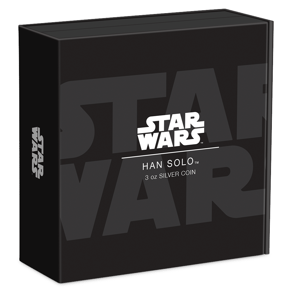 2023 Han Solo™ 3oz Silver Coin Featuring Custom Book-style Display Box With Brand Imagery.