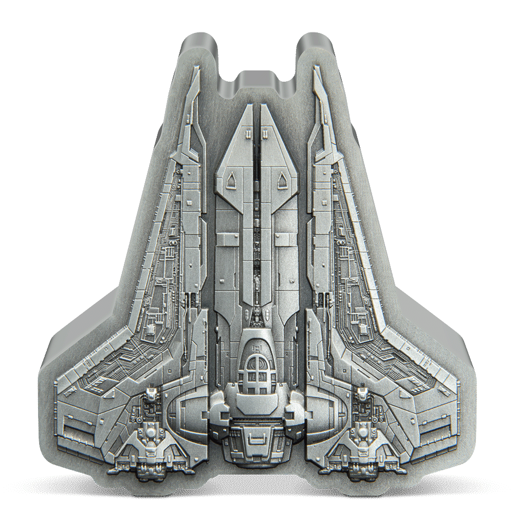 The Mandalorian™ – Bo-Katan's Gauntlet Starfighter™ 3oz Silver Shaped Coin - Flat View.