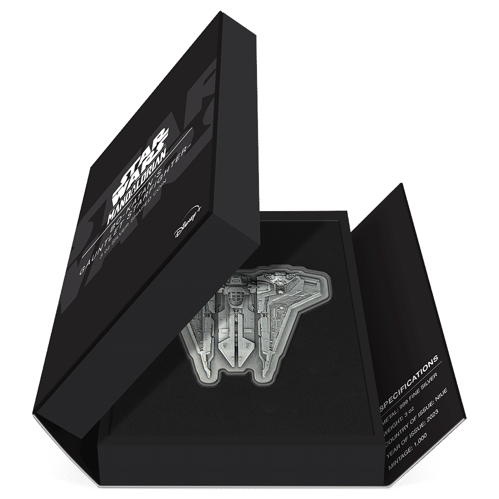 The Mandalorian™ – Bo-Katan's Gauntlet Starfighter™ 3oz Silver Shaped Coin Featuring Book-style Packaging with Coin Insert and Certificate of Authenticity Sticker and Coin Specs.