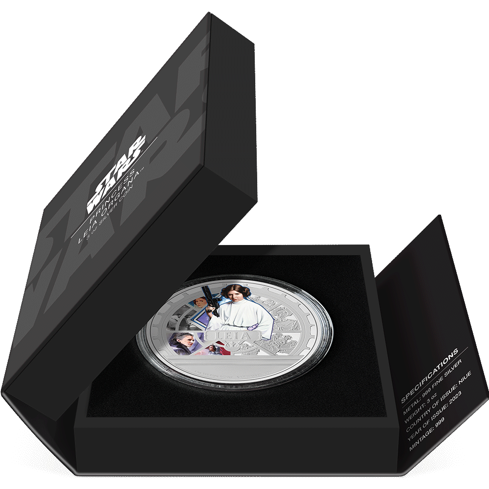 Star Wars™ Princess Leia™ 3oz Silver Coin Featuring Book-style Packaging with Coin Insert and Certificate of Authenticity Sticker and Coin Specs. 