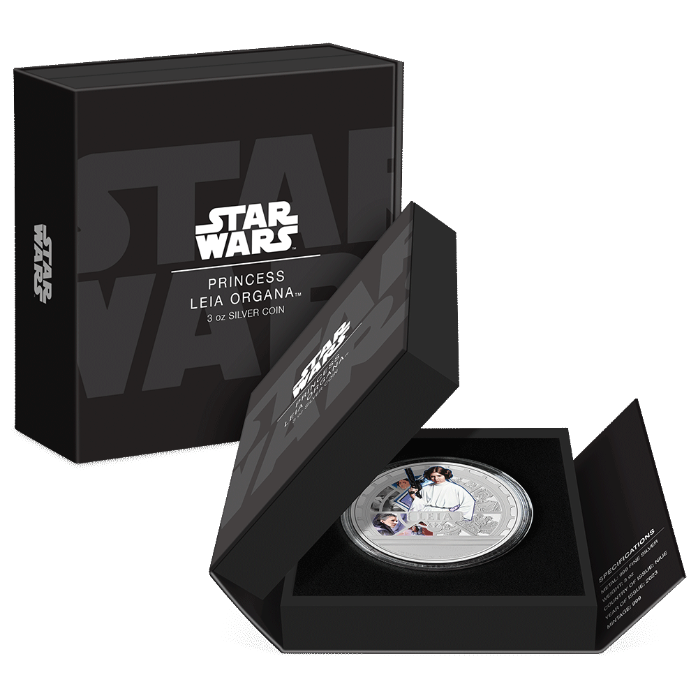 Star Wars™ Princess Leia™ 3oz Silver Coin Featuring Custom Book-Style Packaging and Specifications. 