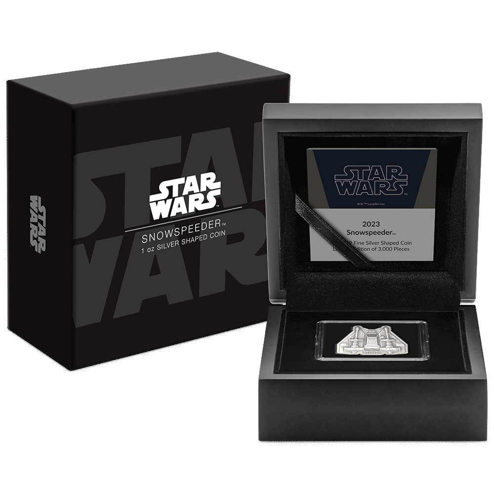 Star Wars™ Snowspeeder™ 1oz Silver Shaped Coin Featuring Custom Wooden Display Box with Outer Box and Star Wars Imagery, and Certificate of Authenticity.