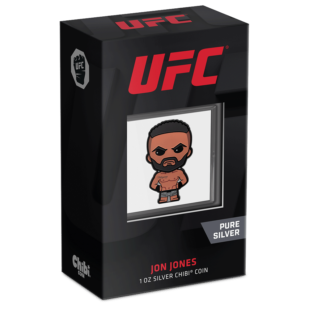 UFC® – Jon Jones 1oz Silver Chibi® Coin Featuring Custom Packaging with Display Window and Certificate of Authenticity Sticker.