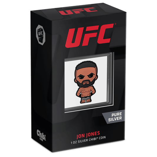 UFC® – Jon Jones 1oz Silver Chibi® Coin Featuring Custom Packaging with Display Window and Certificate of Authenticity Sticker.