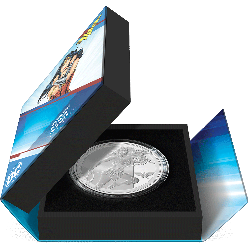 WONDER WOMAN™ Classic 1oz Silver Coin Featuring Book-style Packaging with Coin Insert and Certificate of Authenticity Sticker and Coin Specs.