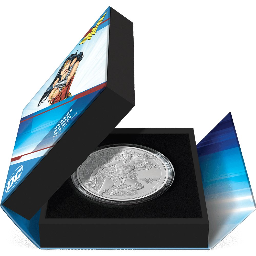 WONDER WOMAN™ Classic 3oz Silver Coin Featuring Custom Book-style Display Box With Brand Imagery.