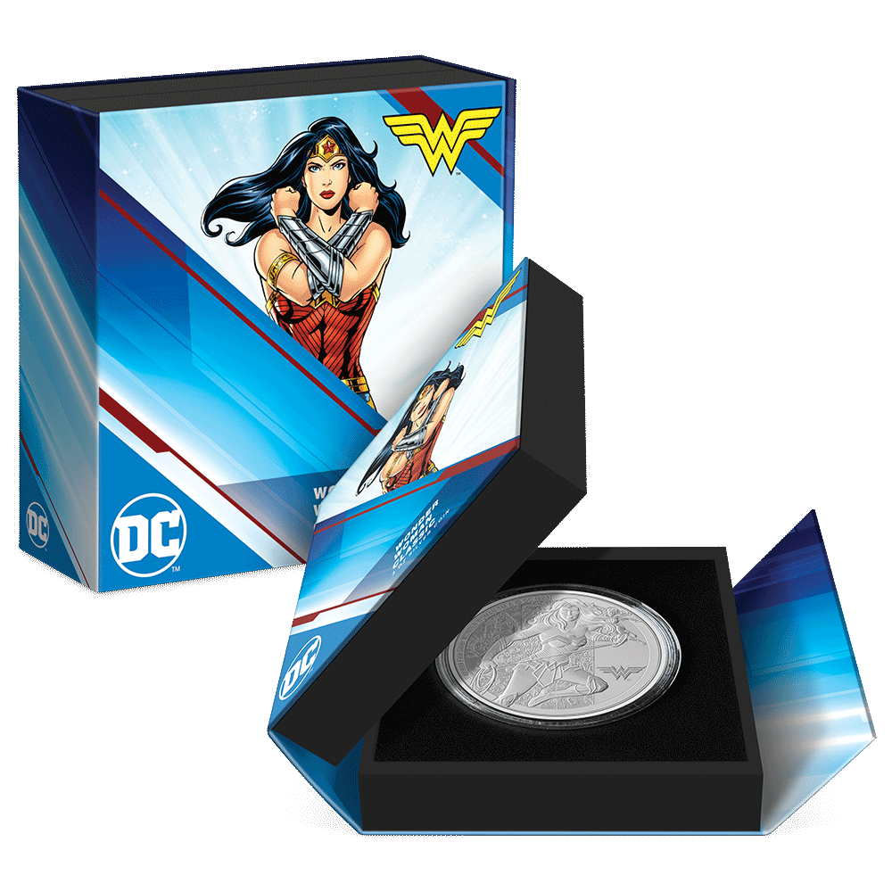 WONDER WOMAN™ Classic 3oz Silver Coin Featuring Book-style Packaging with Coin Insert and Certificate of Authenticity Sticker and Coin Specs.