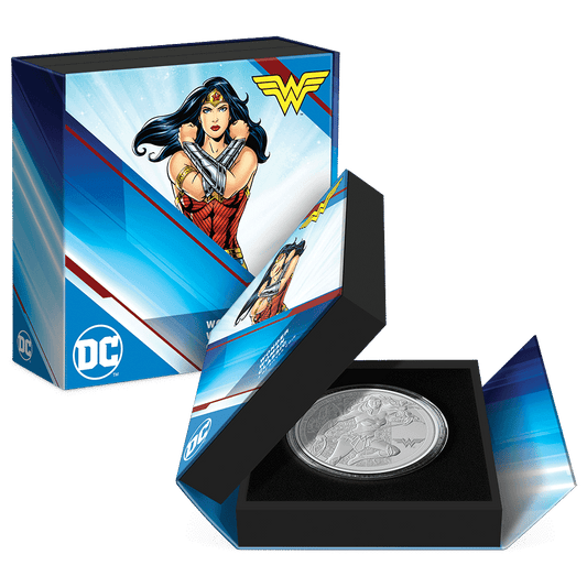 WONDER WOMAN™ Classic 3oz Silver Coin Featuring Book-style Packaging with Coin Insert and Certificate of Authenticity Sticker and Coin Specs.