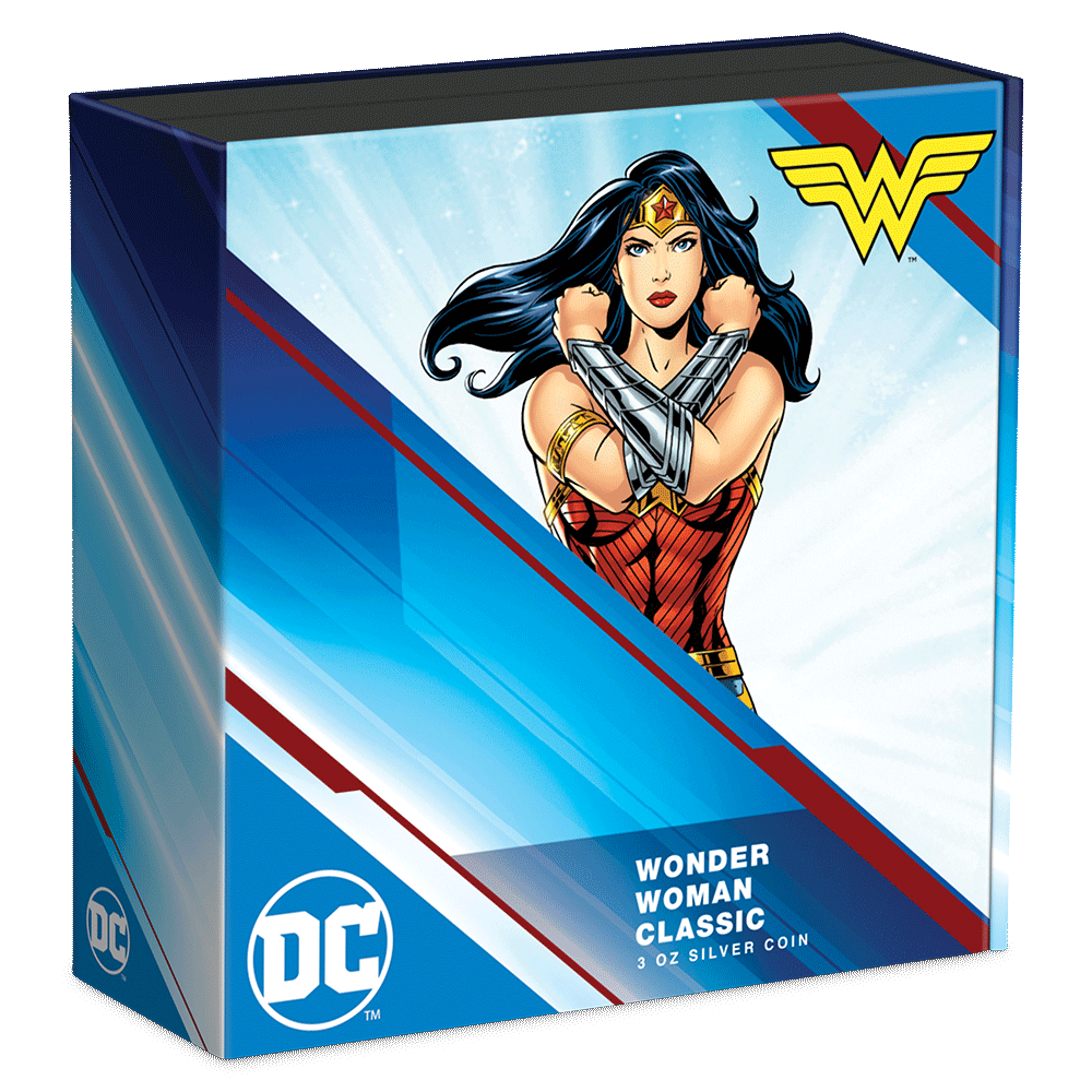 WONDER WOMAN™ Classic 3oz Silver Coin Featuring Custom Book-style Display Box With Brand Imagery. 