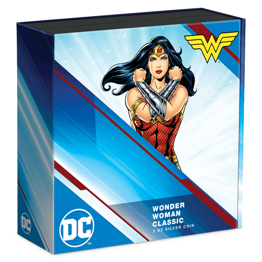 WONDER WOMAN™ Classic 3oz Silver Coin Featuring Custom Book-style Display Box With Brand Imagery. 