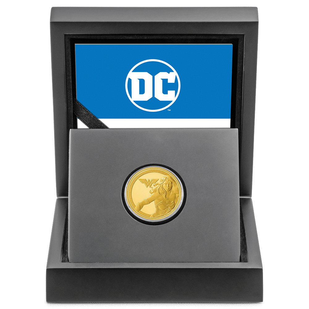 WONDER WOMAN™ Classic 1/4oz Gold Coin with Custom Designed Wooden Box with Display Ledge. 