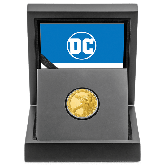 WONDER WOMAN™ Classic 1/4oz Gold Coin with Custom Designed Wooden Box with Display Ledge. 