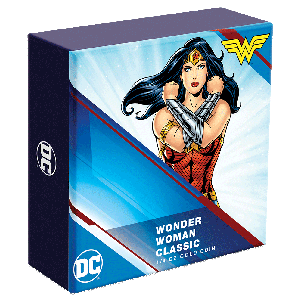 WONDER WOMAN™ Classic 1/4oz Gold Coin Featuring Custom-Designed Outer Box With Brand Imagery. 