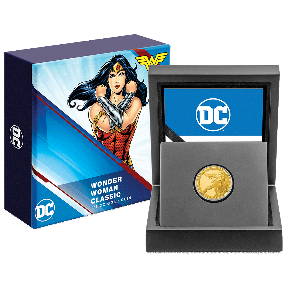 WONDER WOMAN™ Classic 1/4oz Gold Coin with Custom-Designed Wooden Box with Certificate of Authenticity Holder and Viewing Insert. 