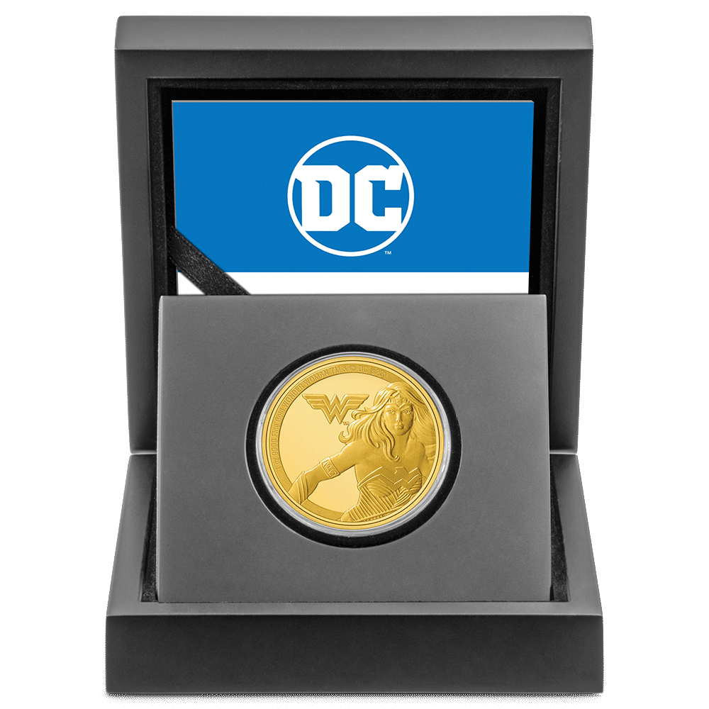 WONDER WOMAN™ Classic 1oz Gold Coin with Custom Designed Wooden Box with Display Ledge.