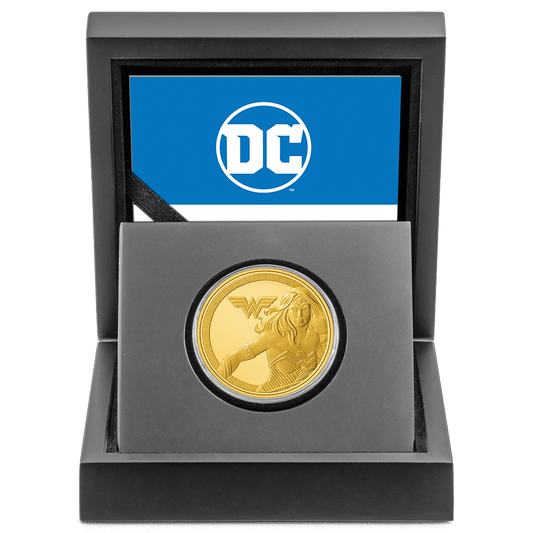 WONDER WOMAN™ Classic 1oz Gold Coin with Custom Designed Wooden Box with Display Ledge.