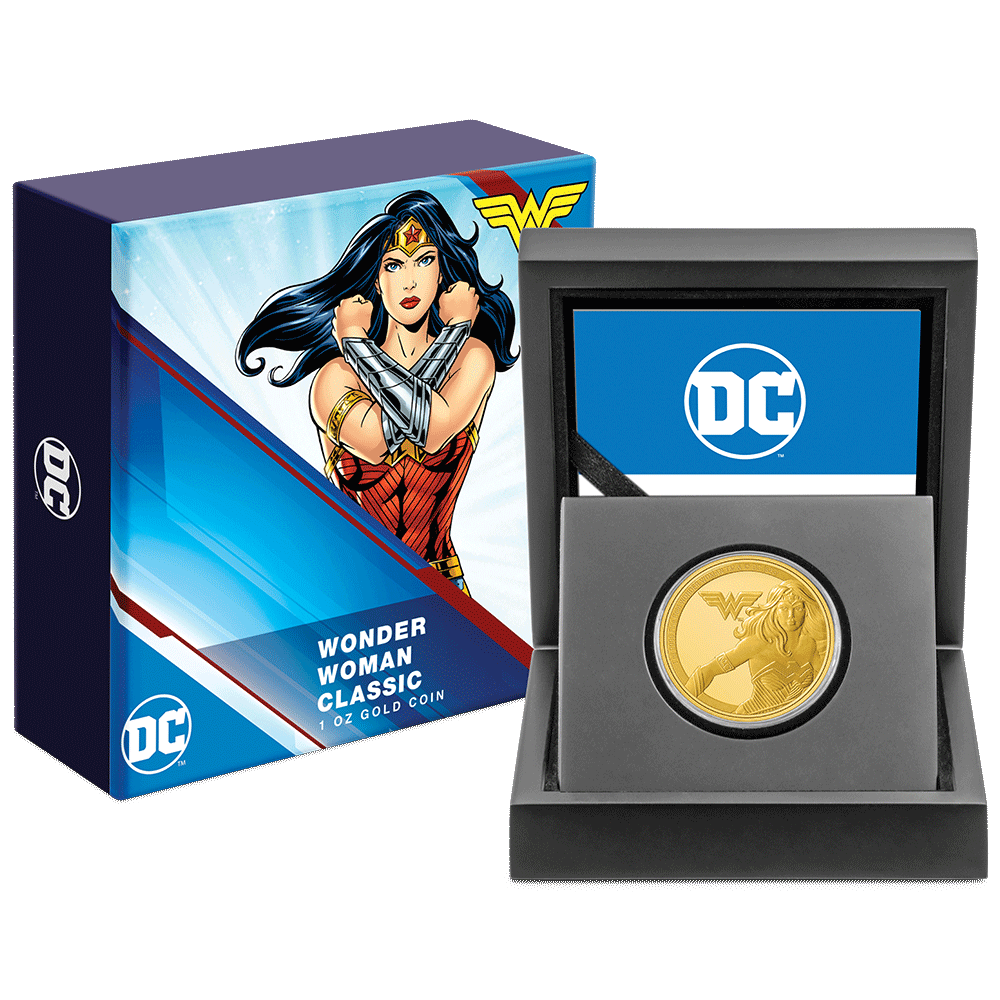 WONDER WOMAN™ Classic 1oz Gold Coin with Custom-Designed Wooden Box with Certificate of Authenticity Holder and Viewing Insert. 