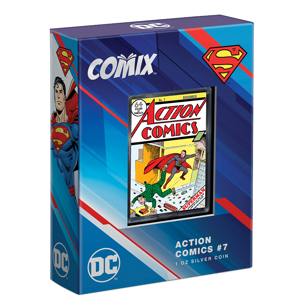 COMIX™ – Action Comics #7 1oz Silver Coin  Featuring Custom Packaging with Display Window and Certificate of Authenticity Sticker.