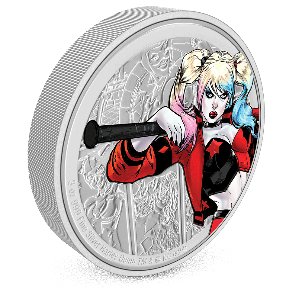 DC Villains – HARLEY QUINN™ 3oz Silver Coin with Milled Edge Finish. 