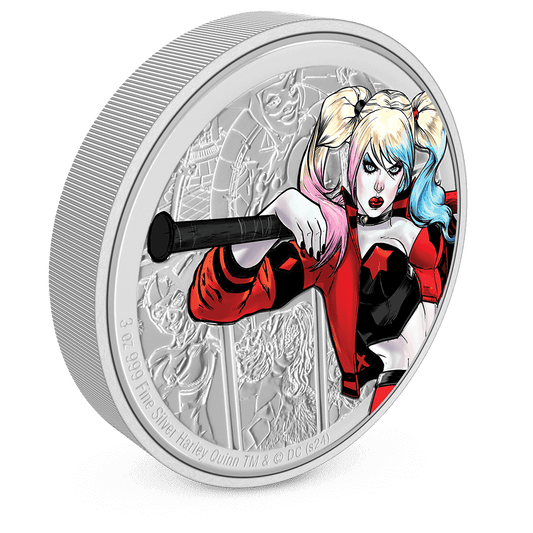 DC Villains – HARLEY QUINN™ 3oz Silver Coin with Milled Edge Finish. 