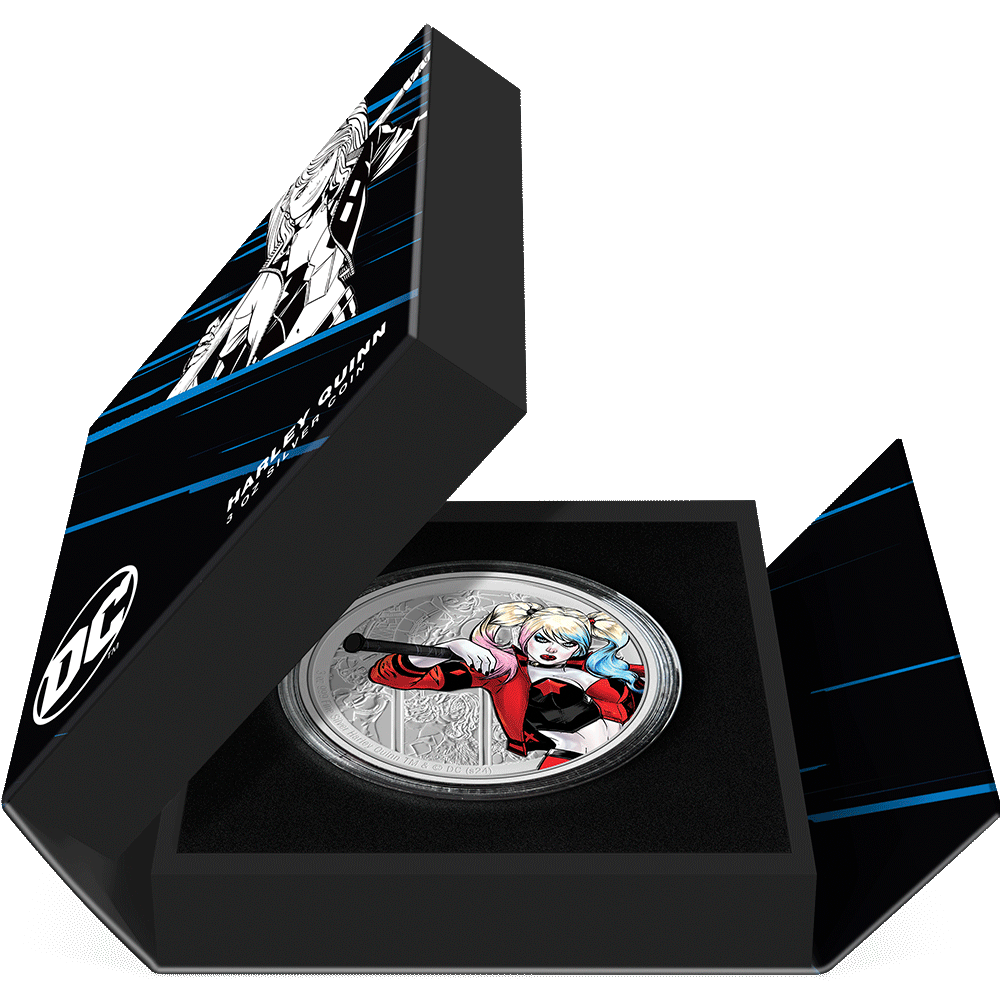 DC Villains – HARLEY QUINN™ 3oz Silver Coin Featuring Book-style Packaging with Coin Insert and Certificate of Authenticity Sticker and Coin Specs.