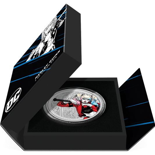 DC Villains – HARLEY QUINN™ 3oz Silver Coin Featuring Book-style Packaging with Coin Insert and Certificate of Authenticity Sticker and Coin Specs.