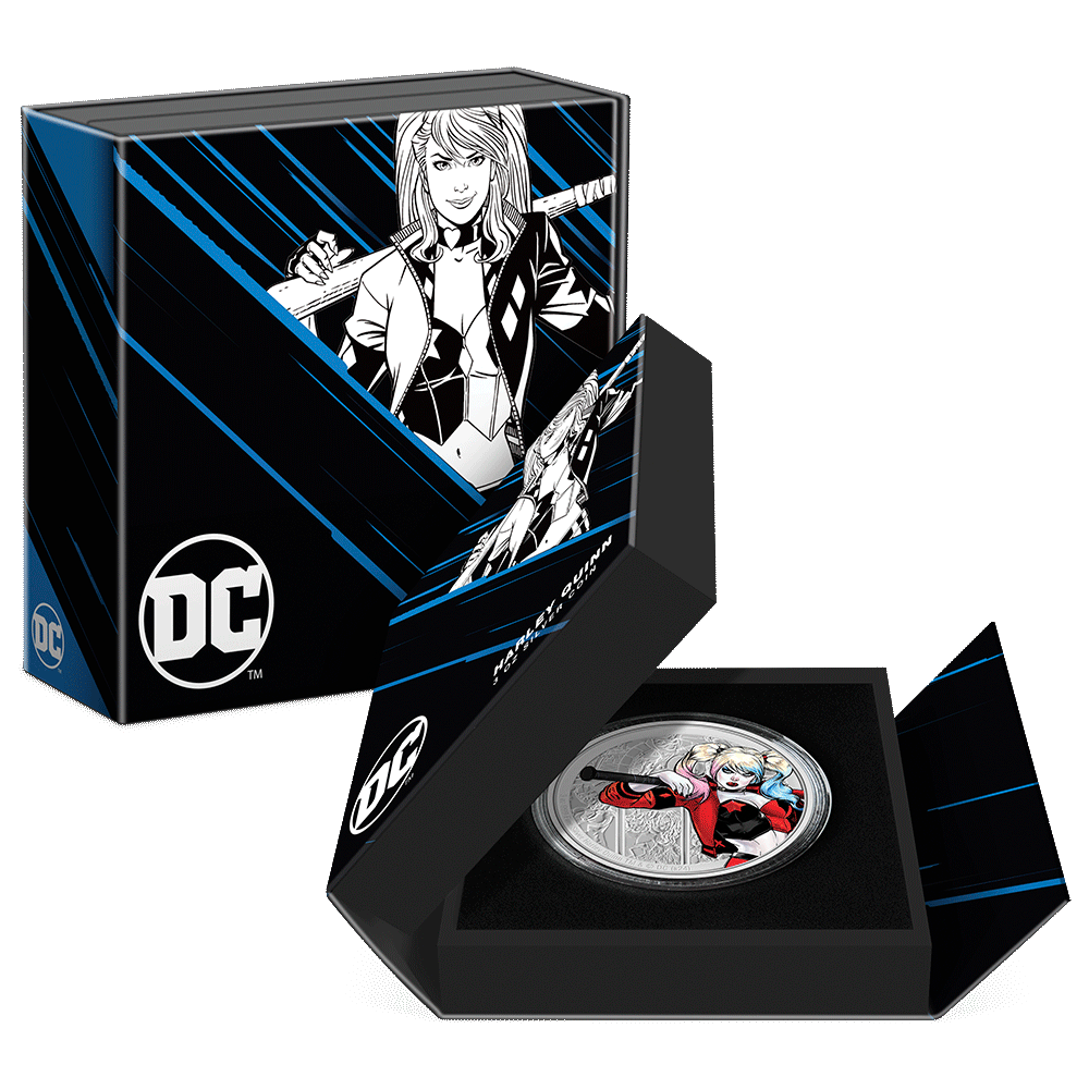 DC Villains – HARLEY QUINN™ 3oz Silver Coin Featuring Custom Book-Style Packaging with Printed Coin Specifications.  