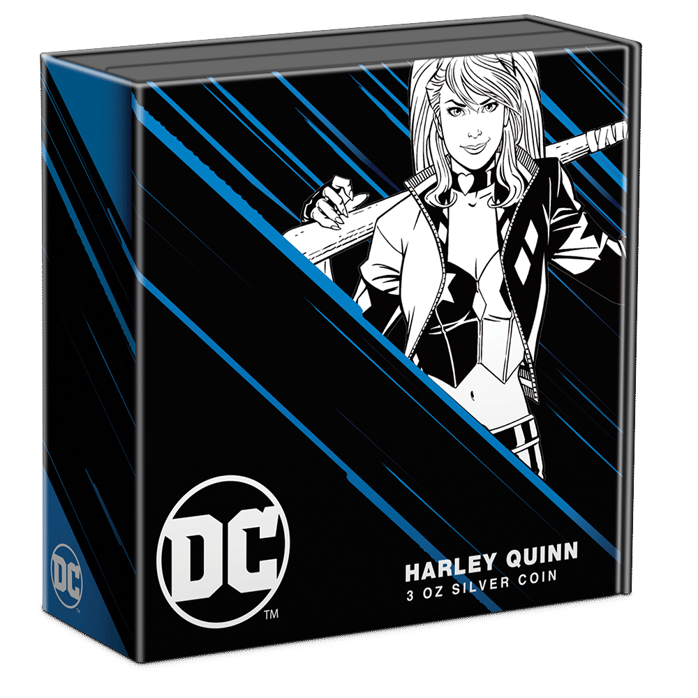 DC Villains – HARLEY QUINN™ 3oz Silver Coin Featuring Custom Book-style Display Box With Brand Imagery.