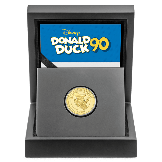 Disney Donald Duck 90th - Established 1934 1/4oz Gold Coin With Custom Wooden Display Box and Viewing Insert. 