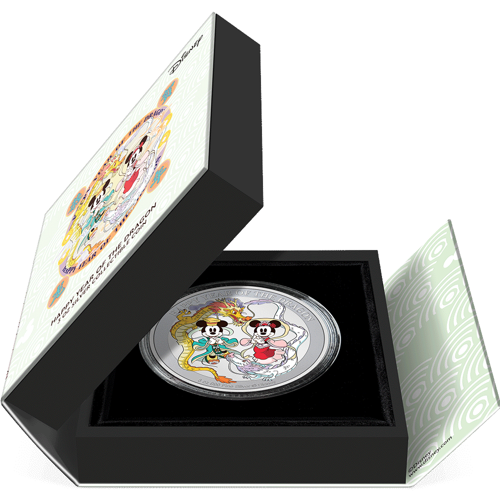 Disney Lunar Year of the Dragon 3oz Silver Coin Featuring Book-style Packaging with Coin Insert and Certificate of Authenticity Sticker and Coin Specs.