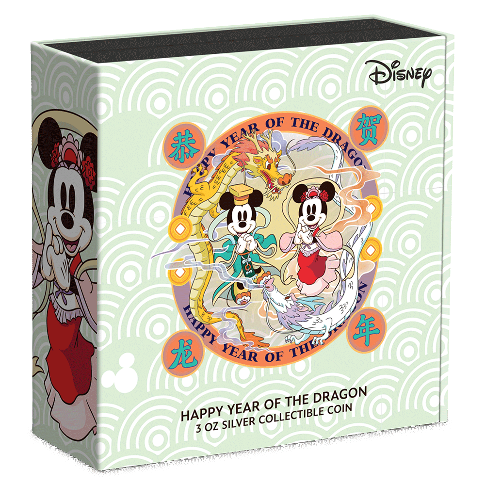 Disney Lunar Year of the Dragon 3oz Silver Coin Featuring Custom Book-style Display Box With Brand Imagery.