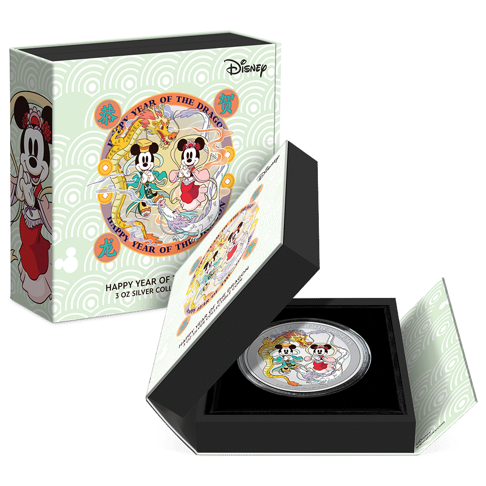 Disney Lunar Year of the Dragon 3oz Silver Coin Featuring Custom Book-Style Packaging with Printed Coin Specifications. 