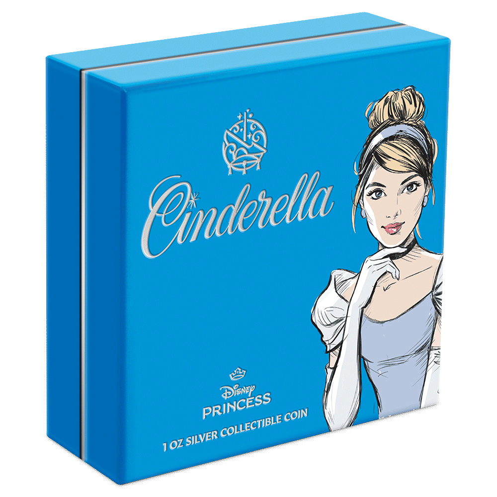 Disney Princess - Cinderella 1oz Silver Collectible Coin Featuring Outer Box with Brand Imagery and Certificate of Authenticity.