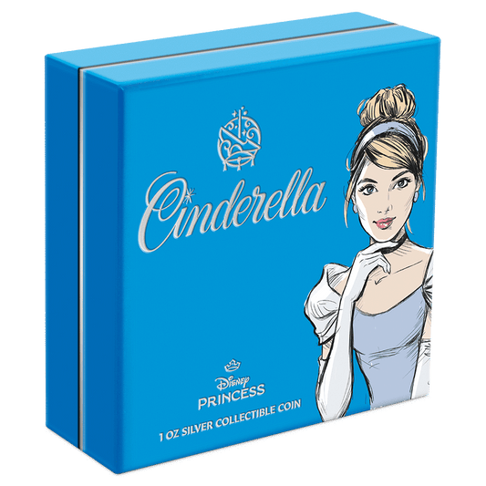 Disney Princess - Cinderella 1oz Silver Collectible Coin Featuring Outer Box with Brand Imagery and Certificate of Authenticity.