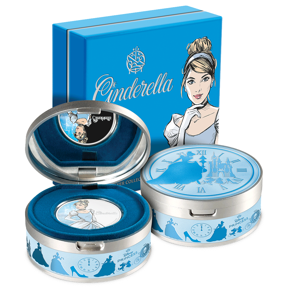 Disney Princess - Cinderella 1oz Silver Collectible Coin With Custom Display Box and Outer Box Featuring brand imagery. 