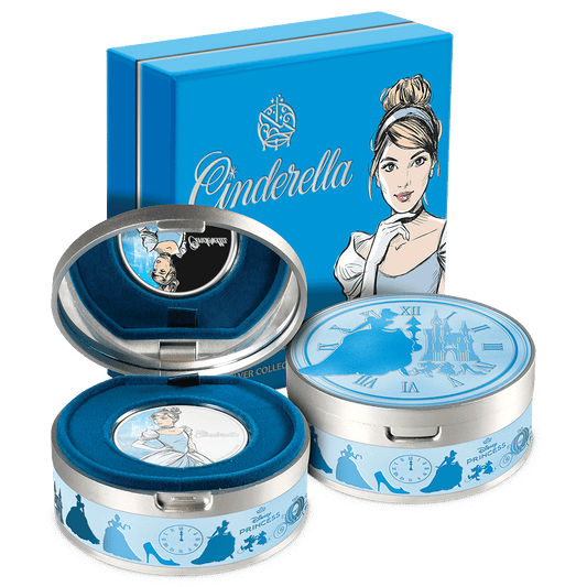 Disney Princess - Cinderella 1oz Silver Collectible Coin With Custom Display Box and Outer Box Featuring brand imagery. 