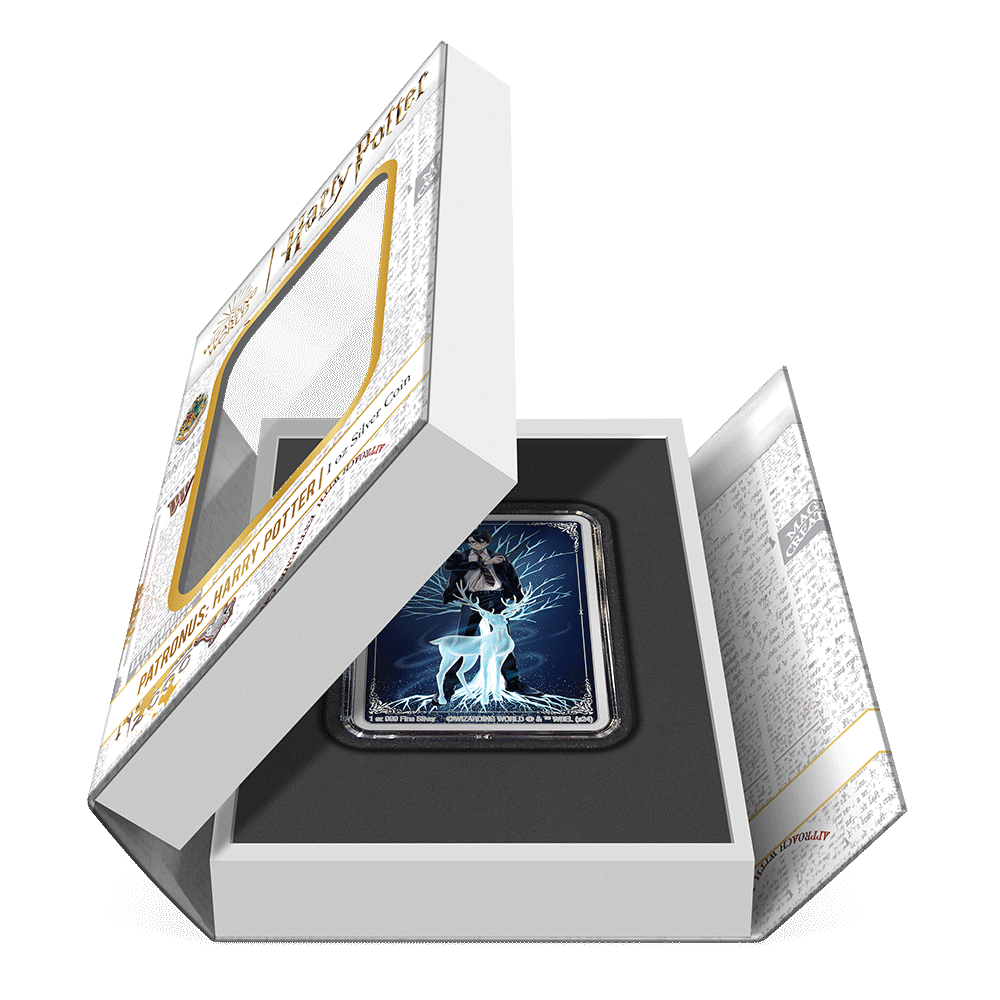 HARRY POTTER™ Patronus: Harry Potter 1oz Silver Coin Featuring Book-style Packaging With Custom Velvet Insert to House the Coin. 