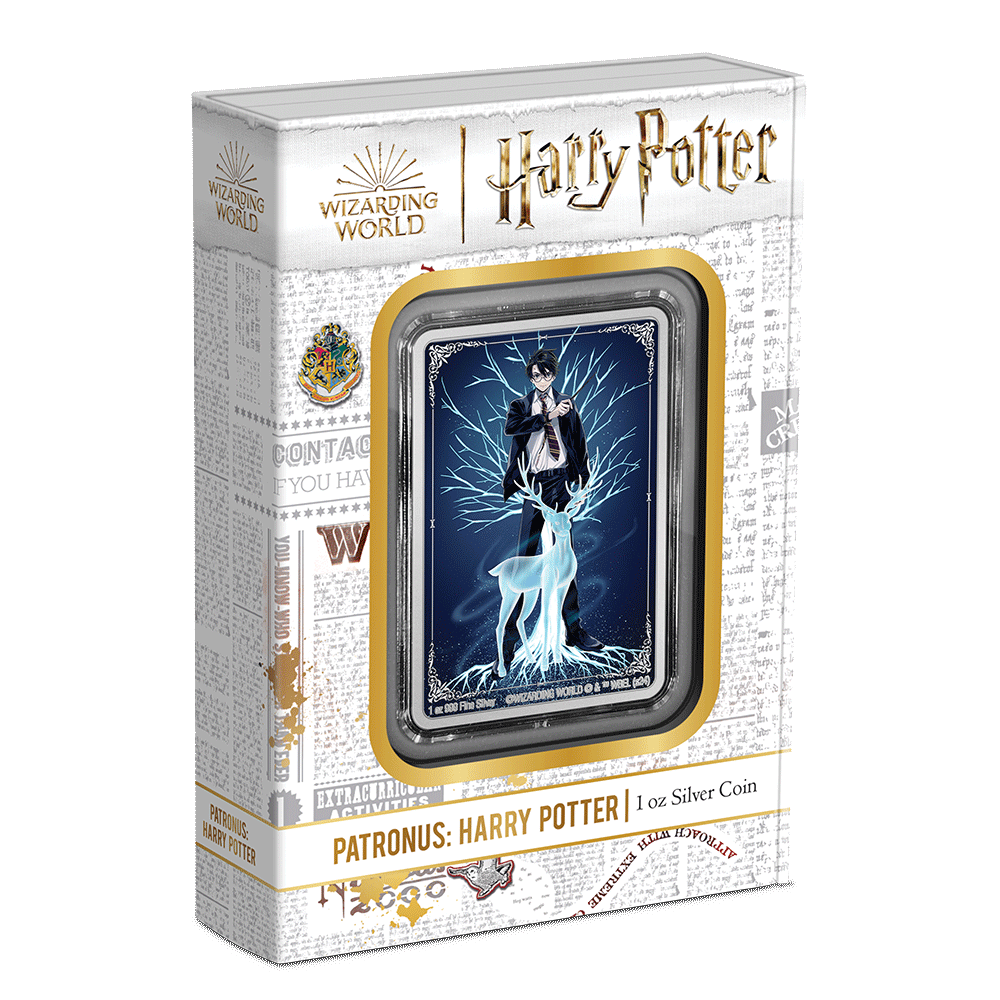 HARRY POTTER™ Patronus: Harry Potter 1oz Silver Coin Featuring Custom Packaging with Display Window and Certificate of Authenticity Sticker.