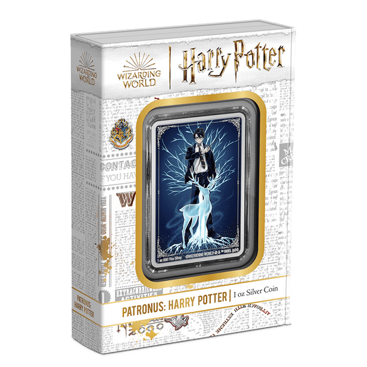 HARRY POTTER™ Patronus: Harry Potter 1oz Silver Coin Featuring Custom Packaging with Display Window and Certificate of Authenticity Sticker.