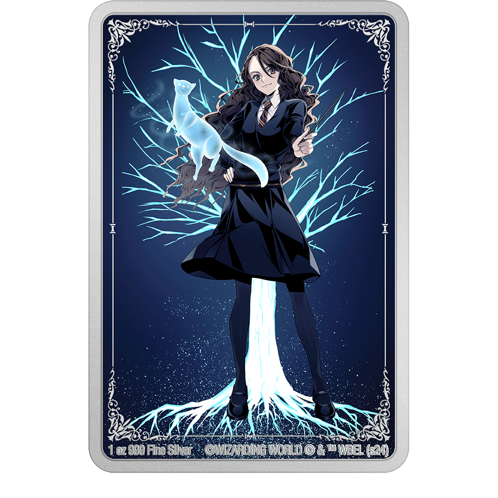 Transporting you to the world of Harry Potter, the design highlights Hermione conjuring her otter Patronus charm. The metallic colour printing brings a magical glow to the piece.&nbsp; An engraved and frosted ornate border completes the design.