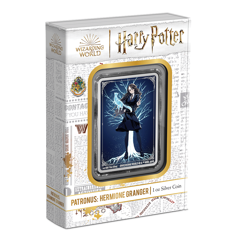 HARRY POTTER™ Patronus: Hermione Granger 1oz Silver Coin  Featuring Custom Packaging with Display Window and Certificate of Authenticity Sticker.