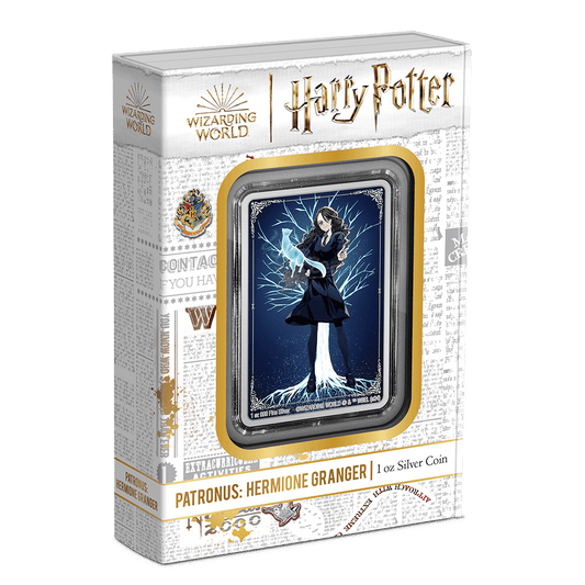 HARRY POTTER™ Patronus: Hermione Granger 1oz Silver Coin  Featuring Custom Packaging with Display Window and Certificate of Authenticity Sticker.