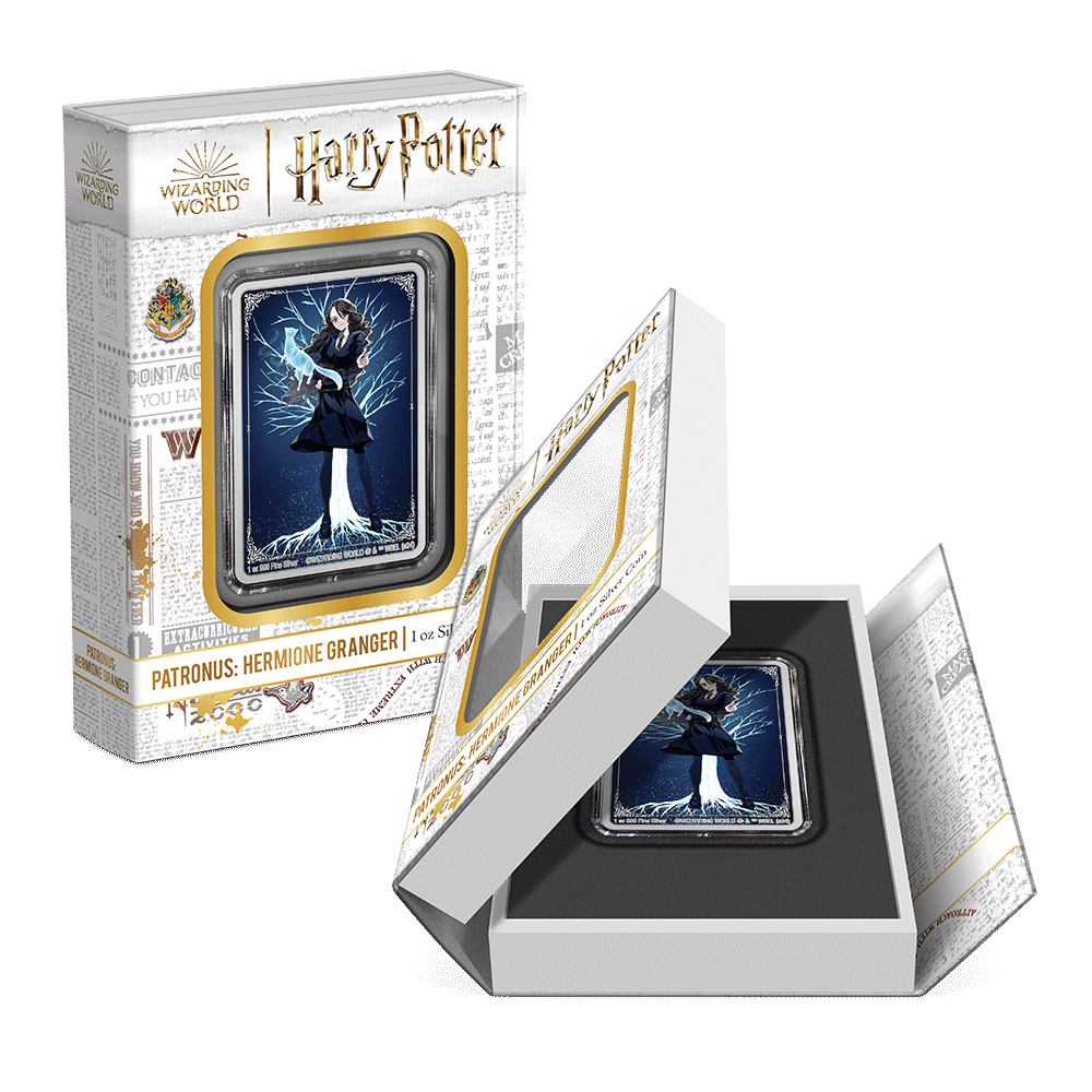 HARRY POTTER™ Patronus: Hermione Granger 1oz Silver Coin Featuring custom packaging with display window and coin insert.