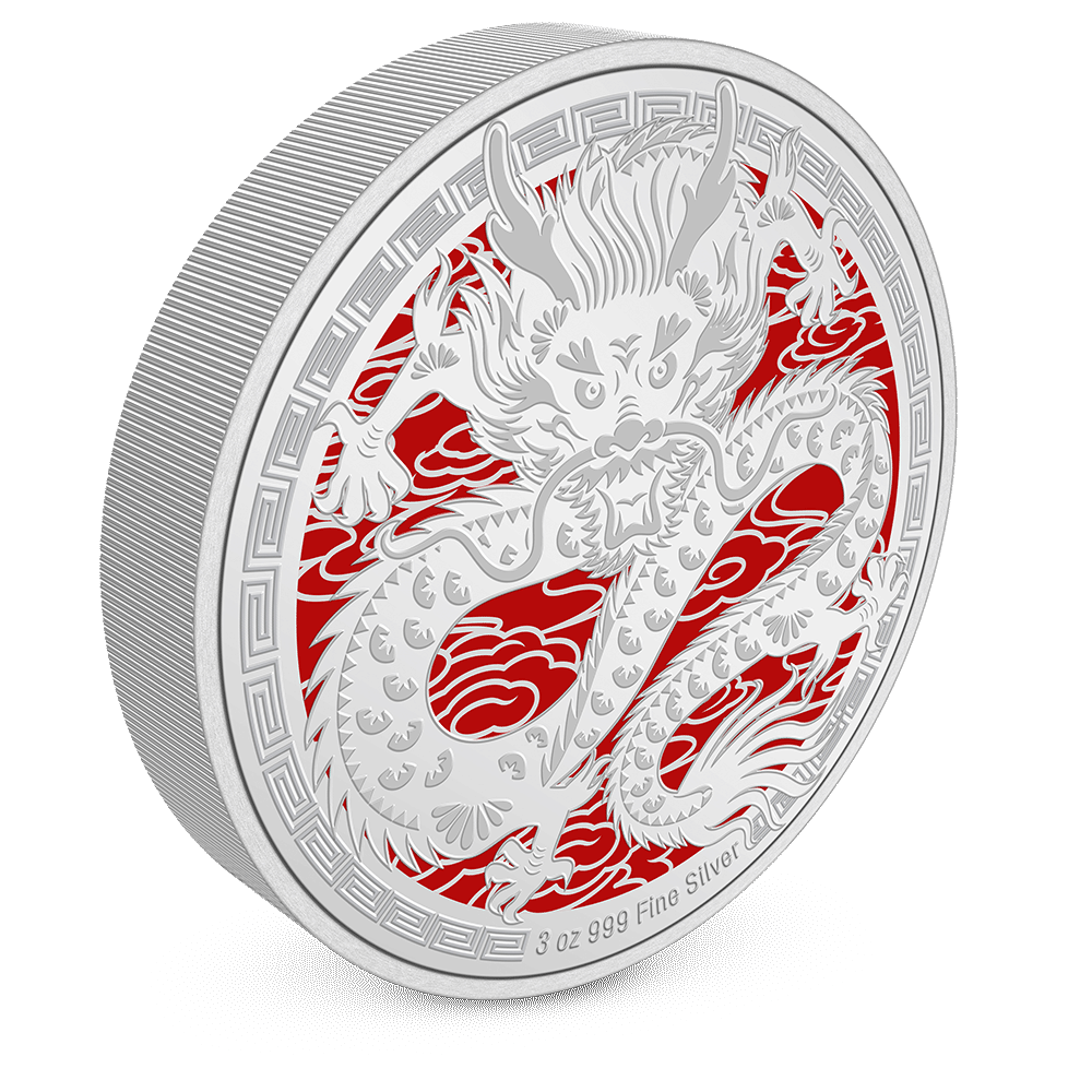 Lunar – Year of the Dragon 2024 3oz Silver Coin with Milled Edge Finish.