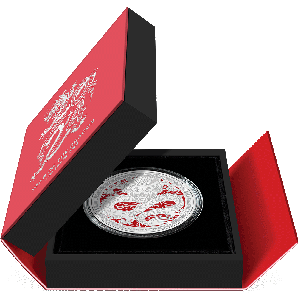 Lunar – Year of the Dragon 2024 3oz Silver Coin Featuring Book-style Packaging with Coin Insert and Certificate of Authenticity Sticker and Coin Specs.