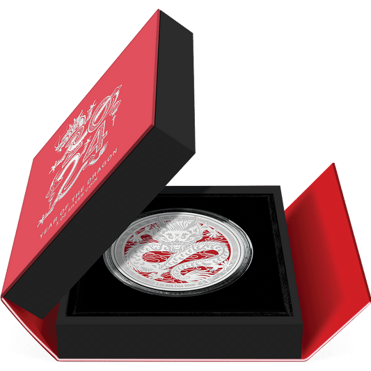 Lunar – Year of the Dragon 2024 3oz Silver Coin Featuring Book-style Packaging with Coin Insert and Certificate of Authenticity Sticker and Coin Specs.