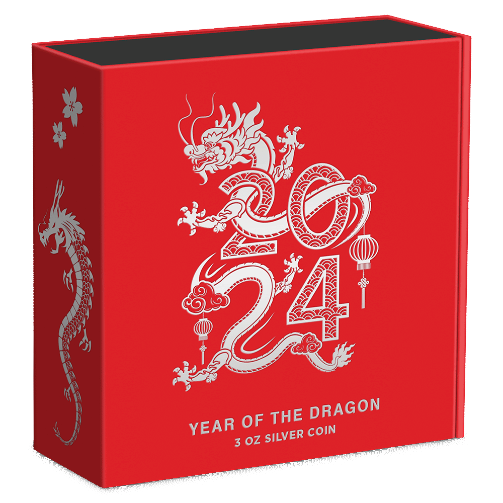 Lunar – Year of the Dragon 2024 3oz Silver Coin Featuring Custom Book-style Display Box With Lunar Imagery.