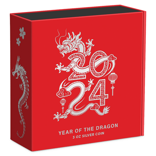 Lunar – Year of the Dragon 2024 3oz Silver Coin Featuring Custom Book-style Display Box With Lunar Imagery.